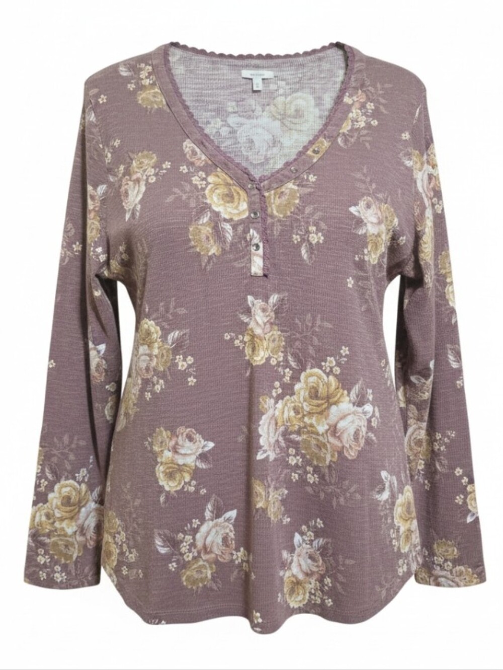 Maurices Mauve Floral V-Neck Henley Long Sleeve Top